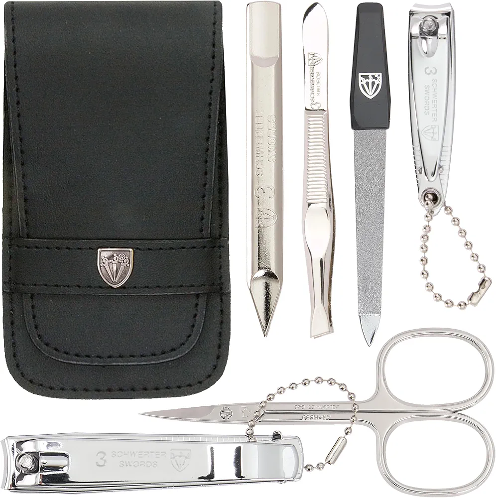 3 Swords Germany - brand quality 6 piece manicure pedicure grooming kit set for professional nail care with genuine leather case - Made in Germany