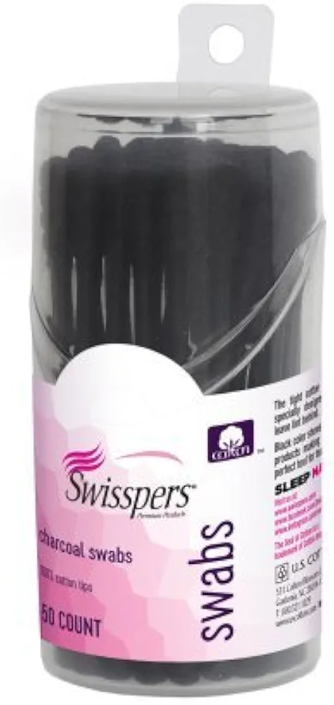 Swisspers Premium Products - Charcoal Swabs With Dark Black Color 100% Cotton Tips, 50 Count - 1 Pack. For Makeup Beauty Touchups, Cosmetics Removal Or Applicators For Makeup Application.