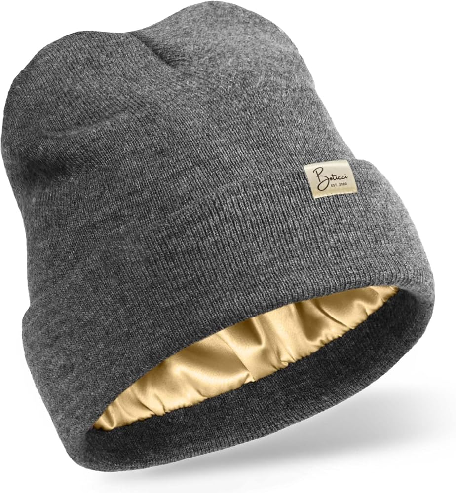 Satin Lined Knit Beanie Hat for Women,Acrylic Winter Beanie Hats,Womens Silk Lined Beanie Soft Warm Cuffed Hat