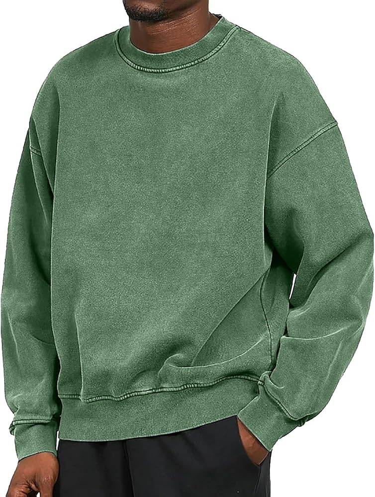 Mens Vintage Sweatshirt Distressed Washed Long Sleeve Drop Shoulder Crewneck Shirts Fall Retro Pullover Streetwear