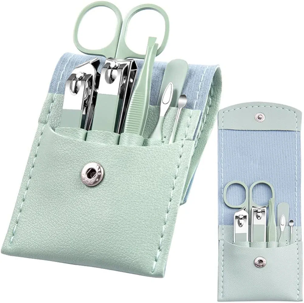 Manicure Set - 7 Pieces Professional Travel Nail Clippers with Green Leather Bag, Stainless Steel Nail Care Tools Grooming Kit for Women