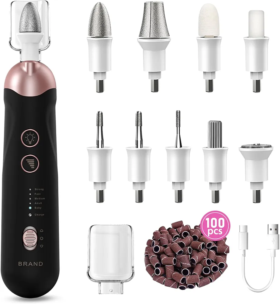 Professional Manicure Pedicure Kit, 9 in 1 Cordless Nail Drill with 100 pcs Nail Drill Bits Sanding Bands, Nail Grinder for Human, 5 Speeds Electric Nail Drill, Nail Dremel Kit for Home and Salon Use