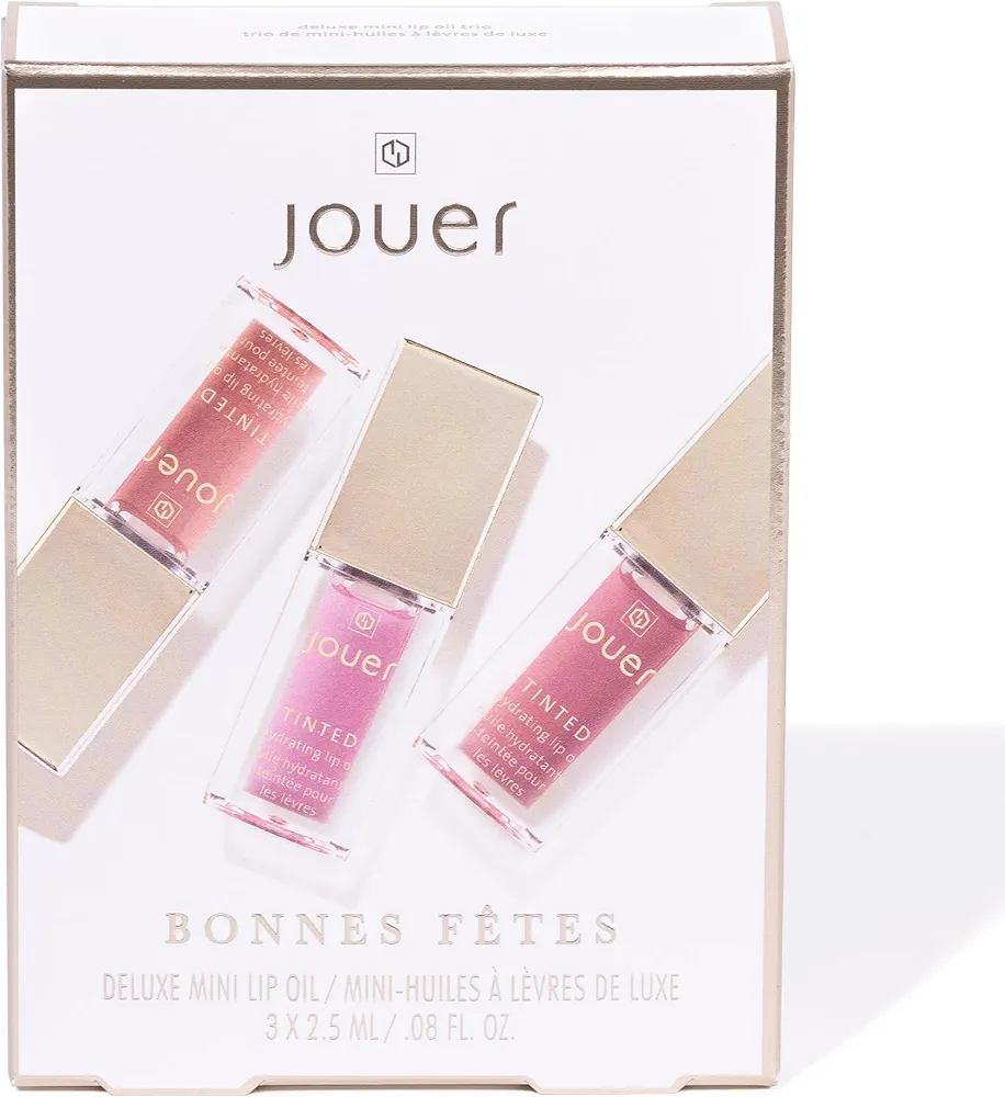 Jouer Bonnes Fêtes Deluxe Mini Lip Oil - Tinted Hydrating Lip Oil Gloss – Moisturizing Dry Lip Treatment Serum - Fragrance Free Tinted Lip Oil - Jojoba Seed Oil and Apricot Oil Formula - Valued at $42