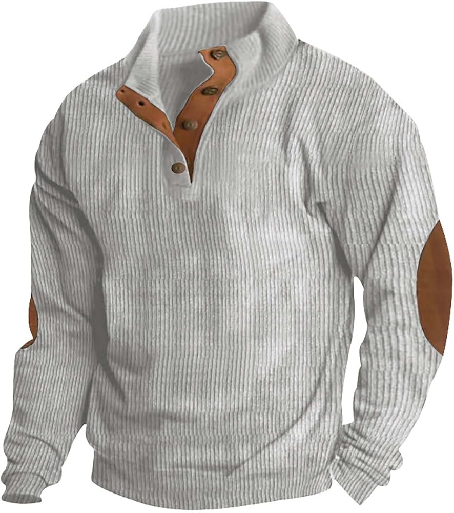 Mens Corduroy Shirt Lapel Collar Button Up Pullover Mock Neck Long Sleeve Sweaters Polo Sweatshirts with Elbow Patches