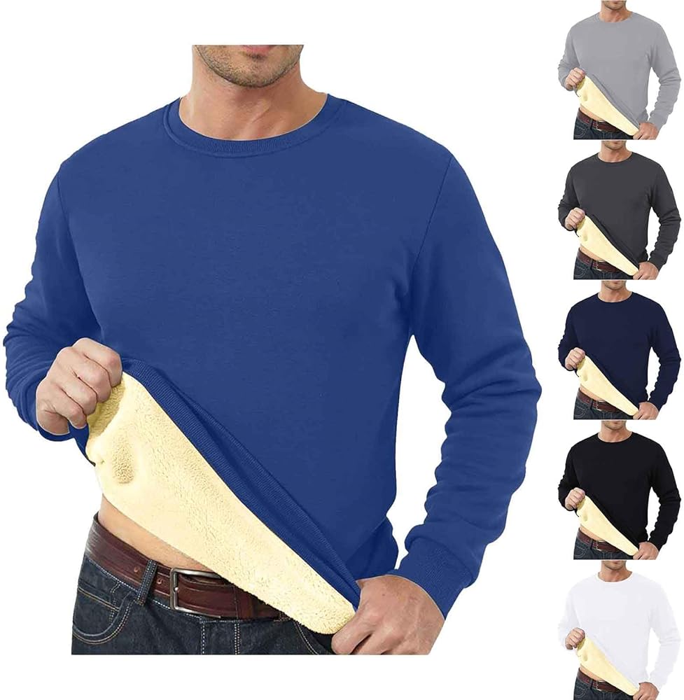 Men's Sherpa Lined Sweatshirts Warm Crewneck Long Sleeve Fleece Pullover Tops Winter Loose Cotton Basic T-Shirt