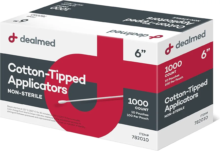 Dealmed 6" Cotton-Tipped Wood Applicators – 1,000 Non-Sterile Cotton-Tipped Applicators, 100 Applicators Per Pouch, Ideal for Application of Medication, Cleaning Skin, Arts and Crafts and More