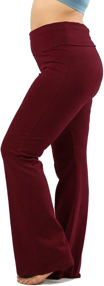 Zenana Women's Plus Size Stretch Cotton Fold Over Waist Flare Leg Yoga Pants