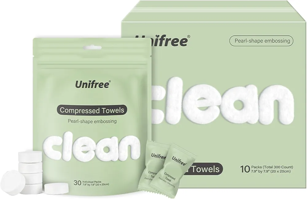 Unifree Compressed Towels I Towelettes I Dry Wipes I Makeup Remover I Facial Tissues I On-the-go Convenient Individual Pack (300 count)