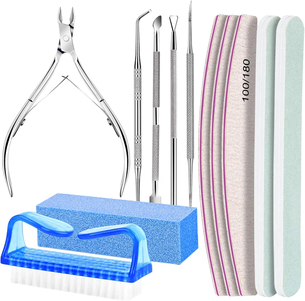 FANDAMEI Manicure Set, Nail Tools, Nail Files 100/180, Nail Buffer Block, Cuticle Nippers, Cuticle Pusher, Cuticle Peeler, Nail Lifter for Ingrown Toenails, Toenail File, Nail Care Kit, Blue