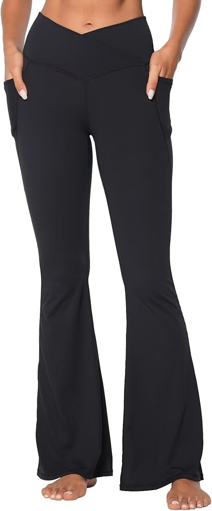Sunzel Women's Flare Leggings with Pockets Crossover Wide Leg Yoga Pants High Waist Tummy Control Bootcut Trendy Workout Fall