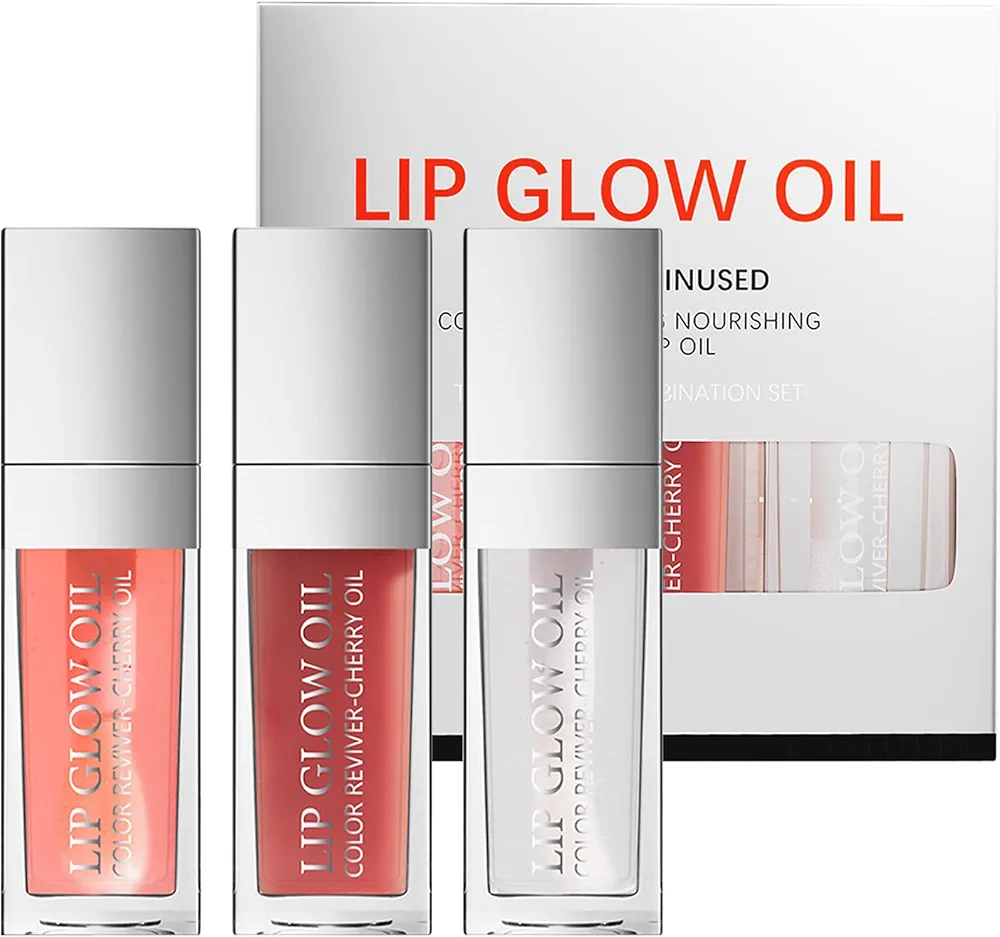 3 Colors Tinted Plumping Lip Oil Gloss Set, Fat Lip Oil Drip Lip Glow Oil,Ultra-Hydrating & Nourishing Lip Care Lip Tint, Smooth Glossy Shiny Transparent Lip Gloss Plumping Lip Care (SET B)