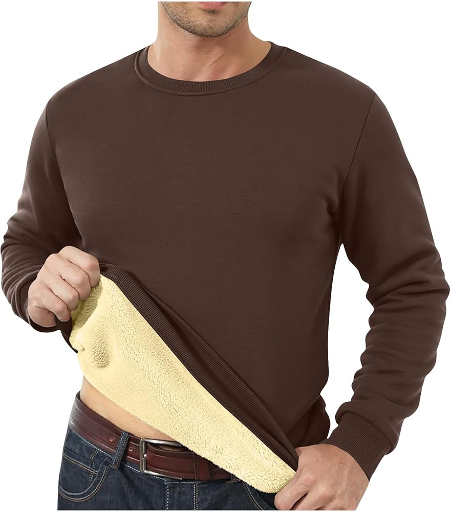 Men's Full Sherpa Lined Crewneck Sweatshirts Thermal Cotton Sweatshirts Premium Heavyweight Fleece Pullover Basic Tops