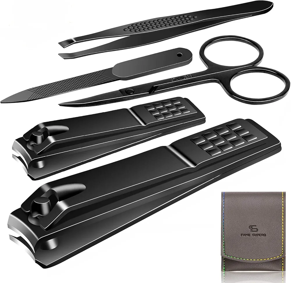Manicure Pedicure Kit Nail Clippers Set Fingernails & Toenails Vibrissac Scissor 5 Pieces Best Care Tools for Man & Women with Travel Case (Gray/Black_A) (Gray/Black_A)