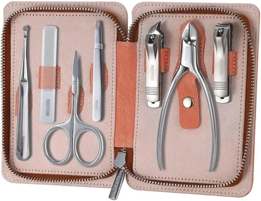 Nail Clippers Kit Portable Nail Clipper Set, 7 Pieces Pedicure Grooming Kit for Men Women, Sharp Finger&Toe Nail Tool, Personal Care Manicure Kit with Leather Case Manicure Set (C