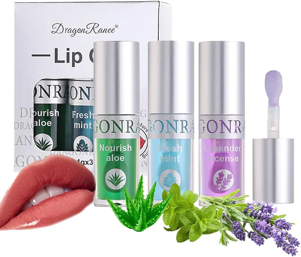 MYUANGO Hydrating Lip Oil Set 3 Colors -Moisturizer Long Lasting Nutritious for Chapped and Flaky Lips Shiny and Vegan Lip Gloss with Big Brush Head (SET A, 3pcs)