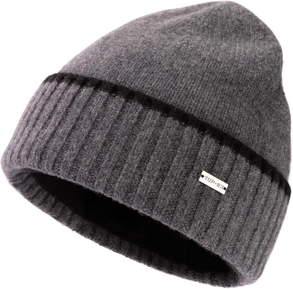 TOP-EX XL/XXL 100% Merino Wool Beanies Hats Men Fleece Lined Winter Knitted Hat Warm Cuffed Beanie