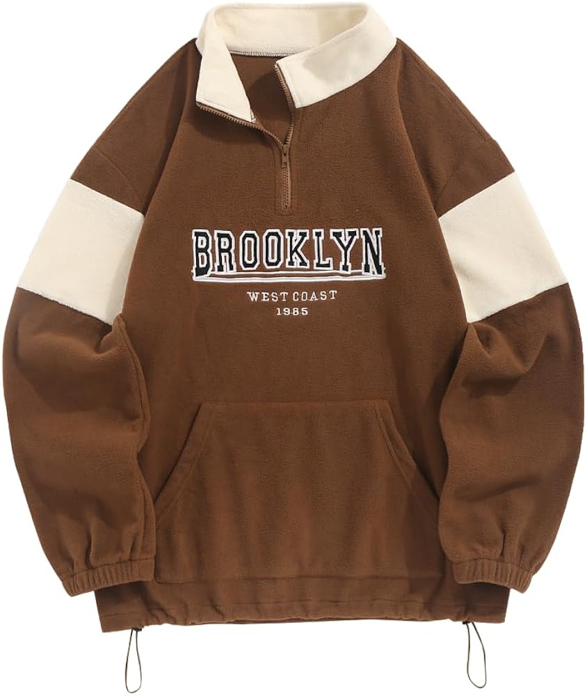 ZAFUL Men's Polar Fleece Sweatshirt Letter NEW YORK Embroidered Quarter Zip Kangaroo Pocket Color Block Stand Collar Pullover