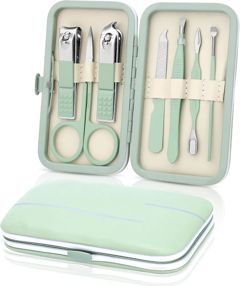 Manicure Set-Stainless Steel Nail Care Set-Professional 7 in 1 Ingrown Toenail Clipper Grooming Tool-Pedicure Kit & Toe Nail Cutter-Thick Nail Scissors Toiletries with Cuticle Trimmer (Green)