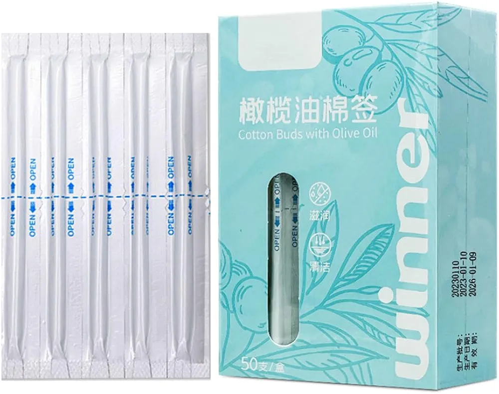Olive Oil Makeup Remove Cotton Swabs - 50 Pcs Individually Wrapped Content 0.2ml/Pcs - for Dry Skin, Ear Canal Cleaning, Makeup - Degradable Material