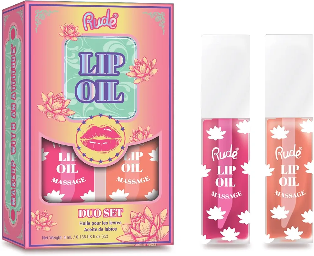 RUDE Cosmetics Lip Oil Massage Set, Plumping Lip Gloss Oil for Women & Girls, Hydrating & Moisturizing Lipgloss for Soft, Nourished Lips, Ideal for On-the-Go Lip Care, Strawberry & Peach