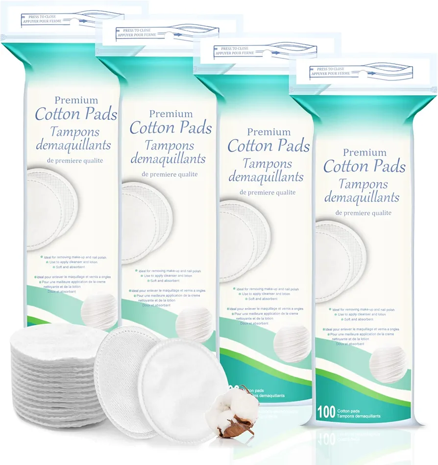 Premium Cotton Rounds for Face 400 Count - Makeup Remover Pads, Hypoallergenic, Lint-Free | 100% Pure Cotton Pads for Face Cleasing, Applying Facial Toner & Nail Polish Remover