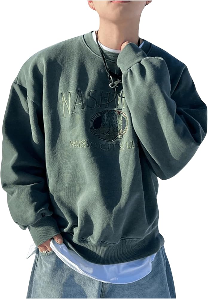 Floerns Men's Letter Embroidery Crew Neck Sweatshirts Long Sleeve Pullover Top