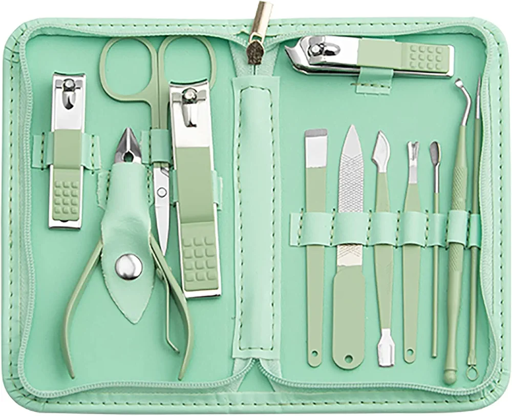 Nail Kit, Manicure Kit, Nail Care Kit For Women, Manicure Pedicure Set, Nail Clippers Toenail Clippers Kit, Professional Manicure Kit Pedicure Kit, Green Travel Case, Set of 12.