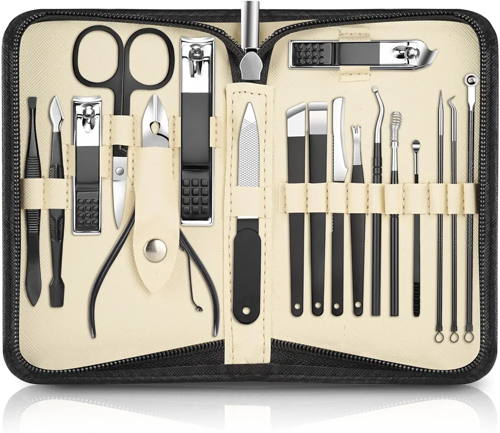 DUAIU Manicure Set, 18pcs Professional Nail Clippers Manicure And Pedicure Kit, Stainless Steel Facial Fingernail Tone Nail Care Kit with Zipper Bag