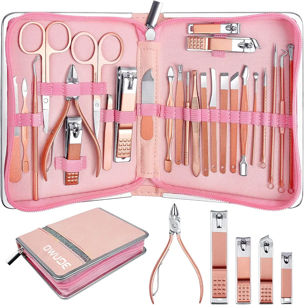 26 Pcs Manicure Set,Professional Pedicure Kit,Stainless Steel Nail Clippers for Women,Pedicure Care Tools with Pink Leather Travel Case-Rose Gold