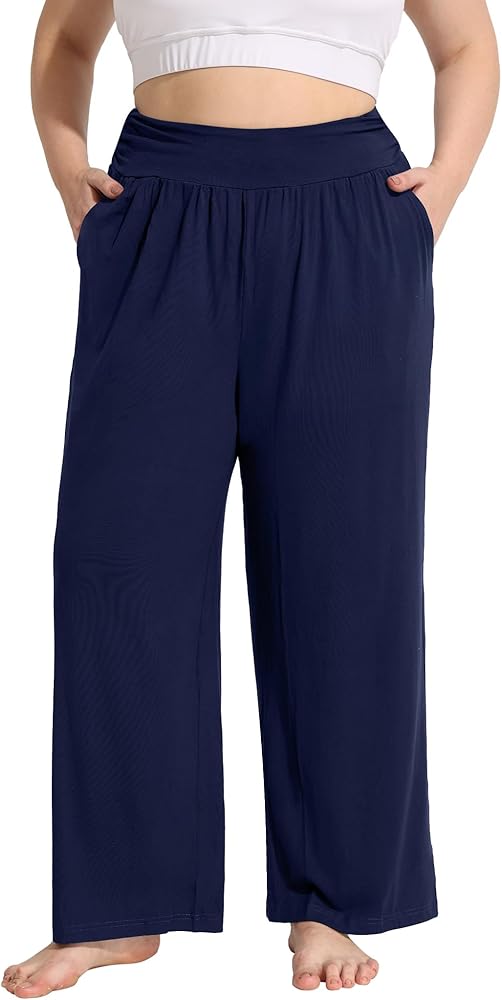 FOREYOND Plus Size Wide Leg Pants for Women Comfy Casual Lounge Yoga Pants High Waist Pajama Pants with Pockets XL-5XL