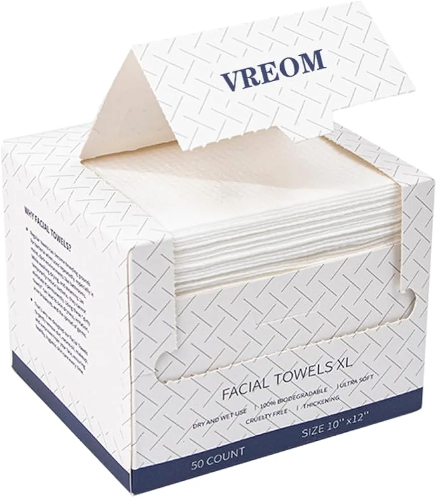 Clean Skin Clean Towels XL,Disposable Face Towel,Lint-Free Biodegradable Towels,Makeup Remover Dry Wipes,Super Soft & Thick for Sensitive Skin,Plant Fiber Facial Towels,10"×12" 50 Count (1 Box)