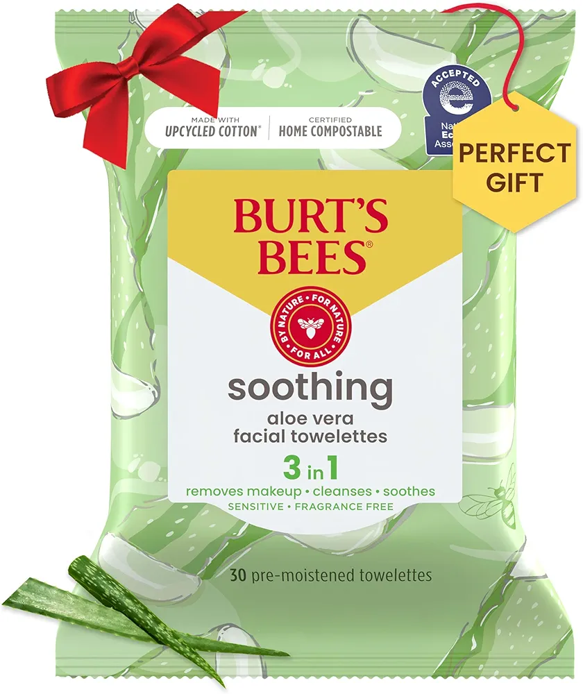 Burt's Bees Soothing Facial Towelettes With Aloe Vera, Pre-Moistened Towelettes for Sensitive Skin Types, 99 Percent Natural Origin Skin Care, 30 ct. Package