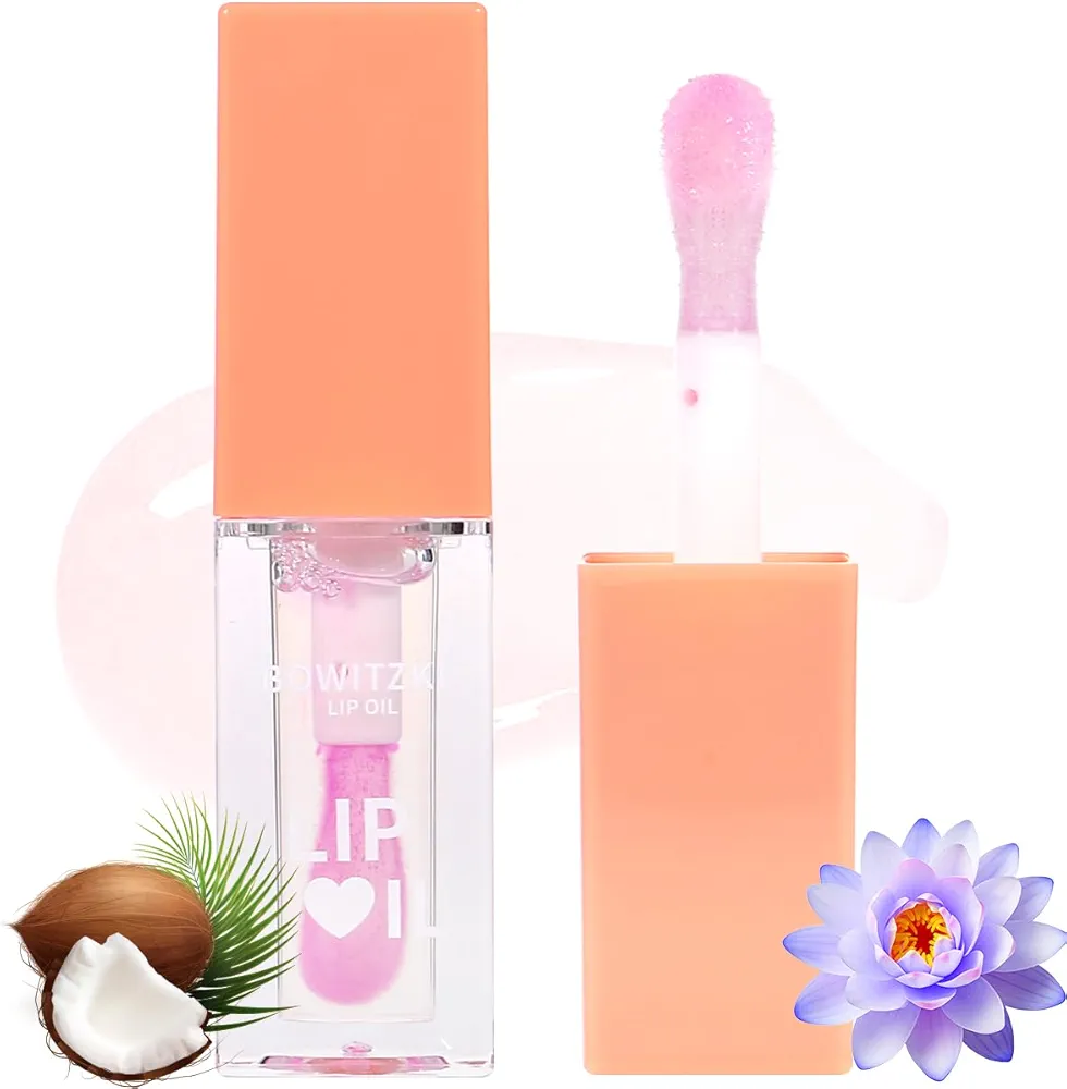 Bowitzki Color Changing Hydrating Lip Oil Lip Gloss Glow Transparent Toot Tinted Nourishing Long Lasting Lip Balm Blue Lotus Extract Repairing Lightening Lip Lines (Coconut)