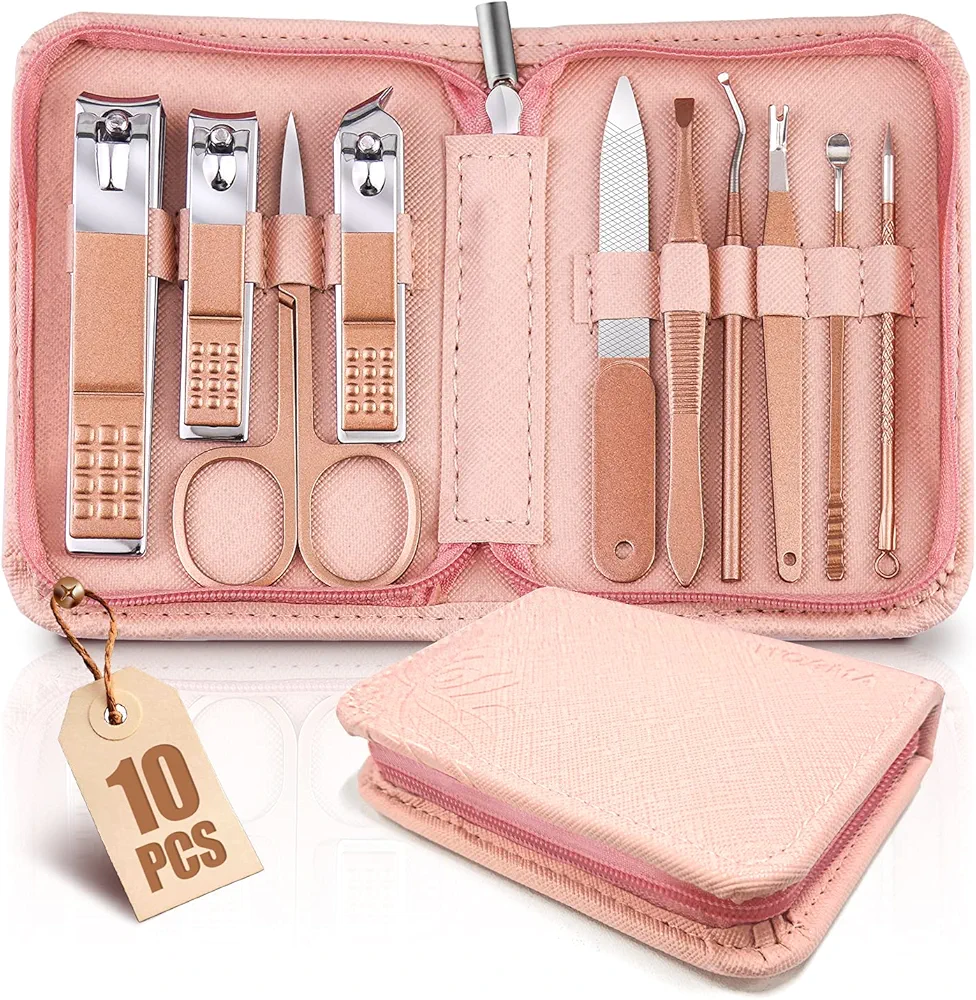 WOAMA Manicure Set Travel Nail Clippers 10-Piece Toenail Clippers Pedicure Kit Stainless Steel Nail Kit for Women - Pink