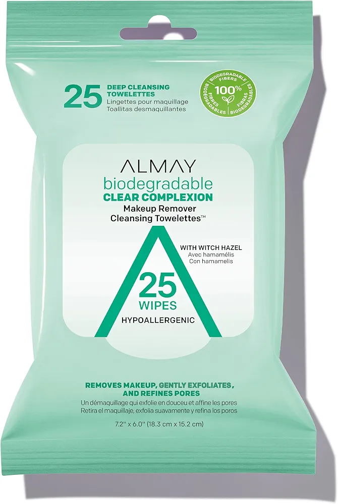 Almay Makeup Remover Towelettes, Clear Complexion, Gifts for Her, Stocking Stuffers, Wipes for Oily & Acne Prone Skin, Hypoallergenic, 25 Count