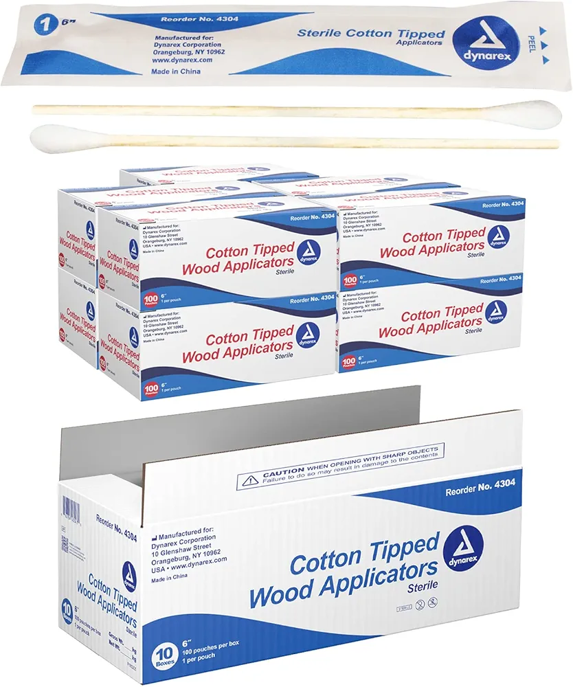Dynarex 4304 Sterile Cotton Tipped Applicator, 6" Length, Single-Use Wooden Cotton Tip Applicator for Wound Care & Dressing, Hygiene, Makeup, Cleaning, Pack of 1000