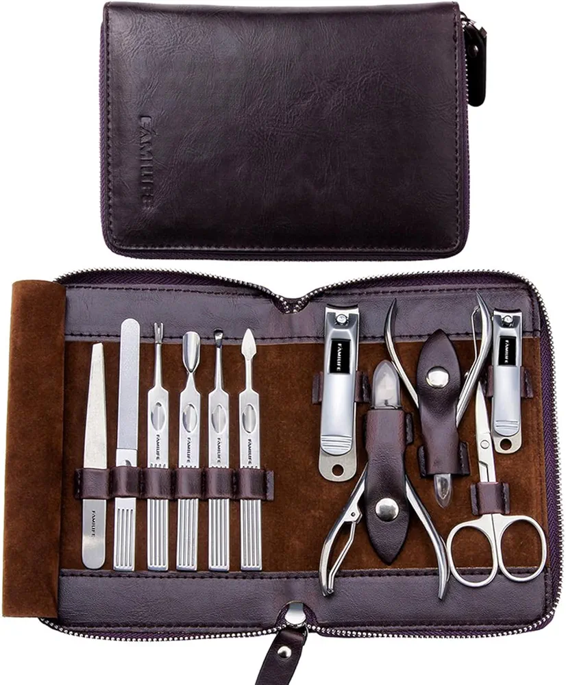 FAMILIFE Manicure Set, Nail Clippers Set Professional Manicure Kit 11 in 1 Stainless Steel Pedicure Tools Nail Kit Mens Grooming Kit with Portable Leather Travel Case Dark Violet Birthday Gifts