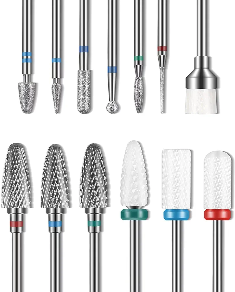 Depvko 13PC Nail Drill Bits Set, Drill Bits for Nails, 3pcs Tungsten Carbide Drill Bits+ 3pcs Ceramic Efile Nail Drill Bits+ 6pcs Diamond Drill Bits+ 1pcs Brush, 3/32 inch Nail Bits for Nail Drill