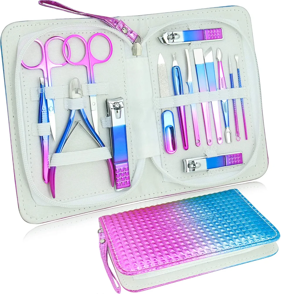 ZIZZON Manicure set Pedicure kit Nail Care Grooming tool with Zipper Travel Case Blue Purple