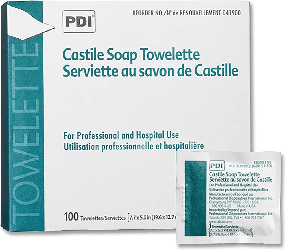 PDI Castile Soap Towelette - Premoistened Facial Cleansing Wipe with Coconut Oil, Great for Travel - Individual Packet, 7.7 in. x 5in., 100 Count, 3 Packs, 300 Total