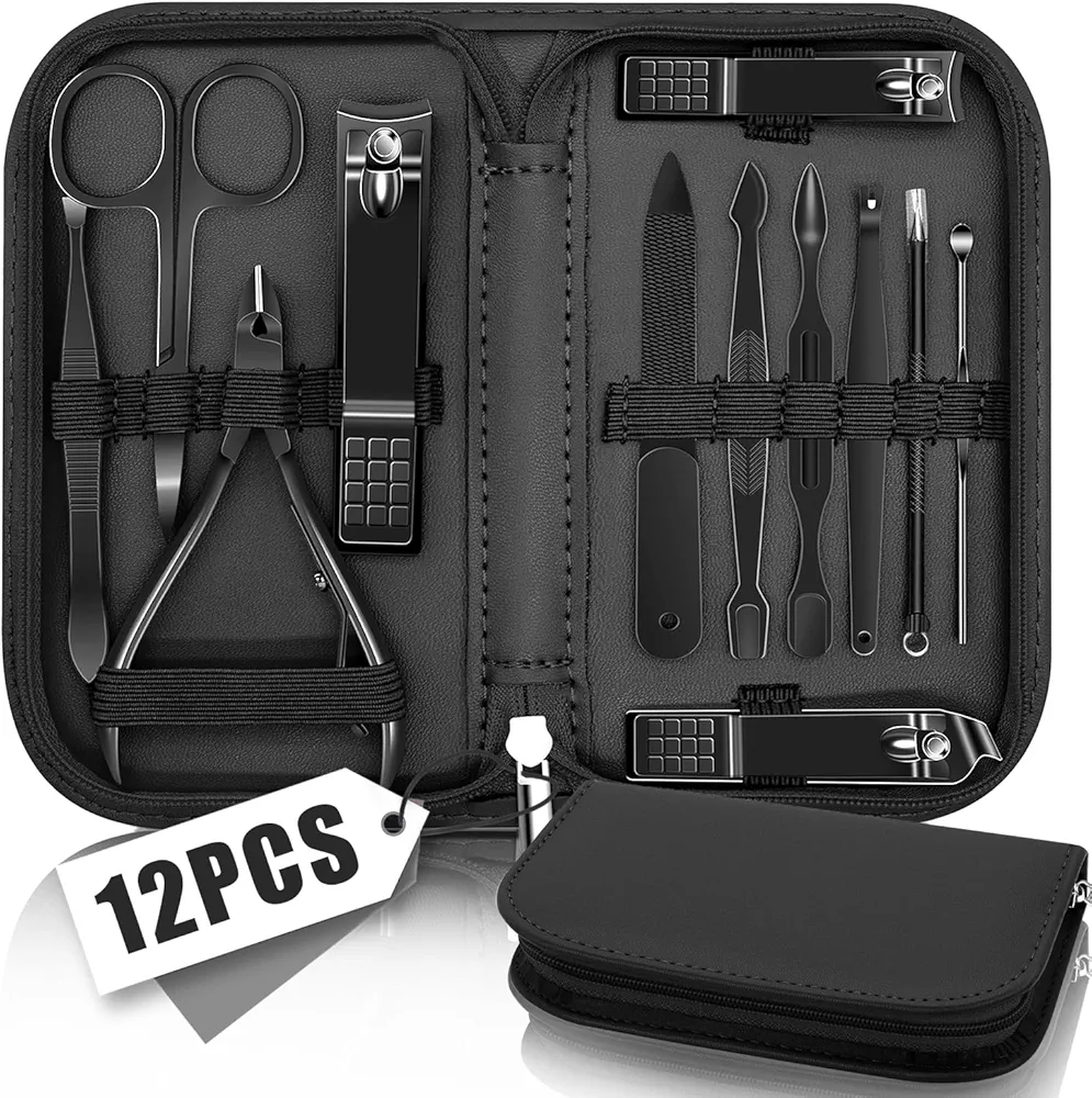 Manicure Set Nail Clipper Kit Pedicure Manicure Kit 12 In 1 Professional Pedicure Set Women Mens Personal Care Set with Travel Case Black
