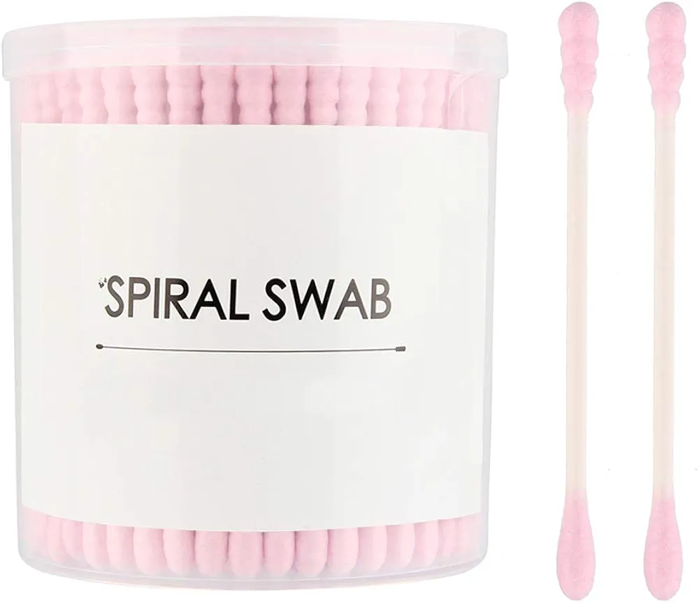 200 Count Round & Spiral Shaped Double Tipped Cotton Swabs Buds Paper Sticks Biodegradable Hypoallergenic Clean Care Beauty Makeup Cosmetic Tool Pink
