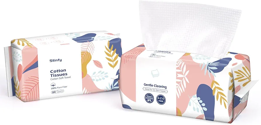 Cotton Tissues Face Towel, 100% Cotton Biodegradable Extra Thick Multipurpose Face Cleansing Super Soft Dry Wipe Facial Towels for Sensitive Skin and Makeup Removing
