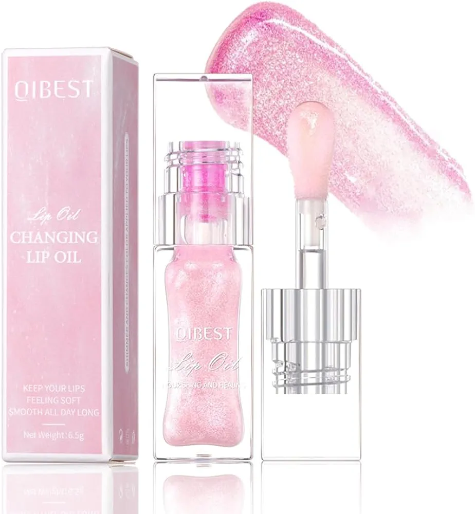 Cosmetics Color Changing Lip Oil, Magic Color Changing Lip Oil Glitter Lip Gloss with Big Brush,Warm Change Hydrating Lip Gloss,Long Lasting Shimmery Lip Glow Oil,Non-sticky (1 PC)