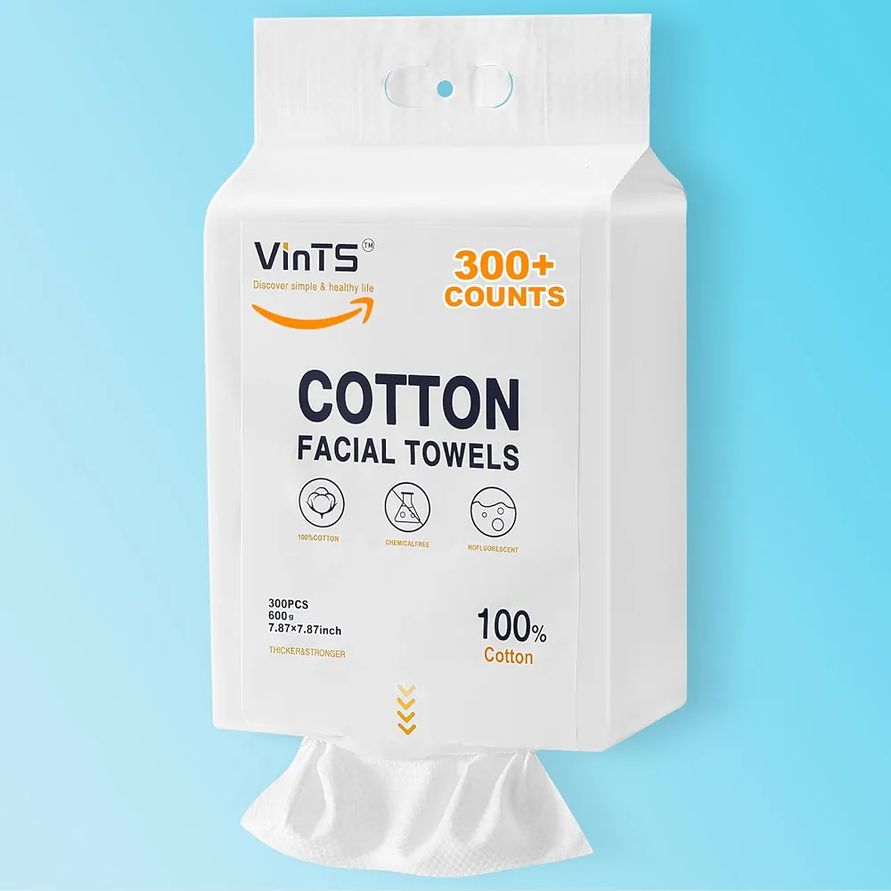 Cotton Facial Towel Disposable, VinTS 300 Counts Oversized Pack for Makeup Wipes Double-sided Design, Ultra Soft Cotton Facial Wipes for Skincare, Facial Cleansing and Makeup,1 Pack