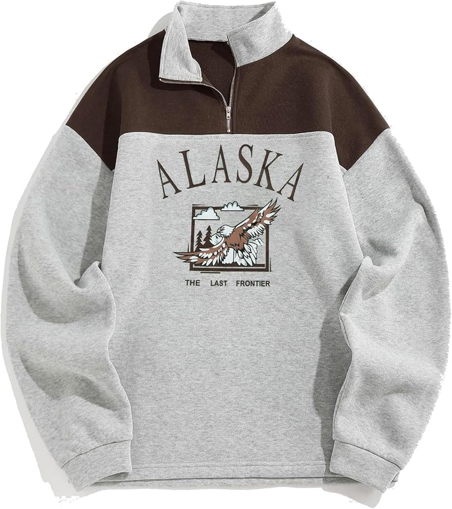 ZAFUL Men's Letters Embroidered Raglan Sleeve Quarter Zip Fleece Vintage Pullover Sweatshirt