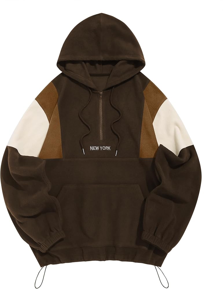 ZAFUL Men's Colorblock Sweatshirt NEW YORK Embroidery Fluffy Polar Fleece Half Zip Unisex Hooded Sweatshirt