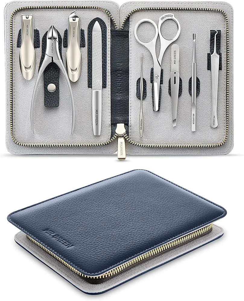 Manicure Set 9 in 1,Professional Pedicure kit,Stainless Steel Manicure Kit,Portable Travel Grooming Kit Nail Care Tools,Nail Clippers Pedicure Tools with Leather Travel Case (Dark Blue)
