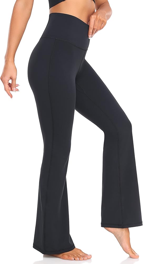 YUNOGA Women's High Waist Flared Leggings, 30"/32" Bootcut Casual Yoga Pants, Tummy Control Bell Bottom Leggings with Pockets