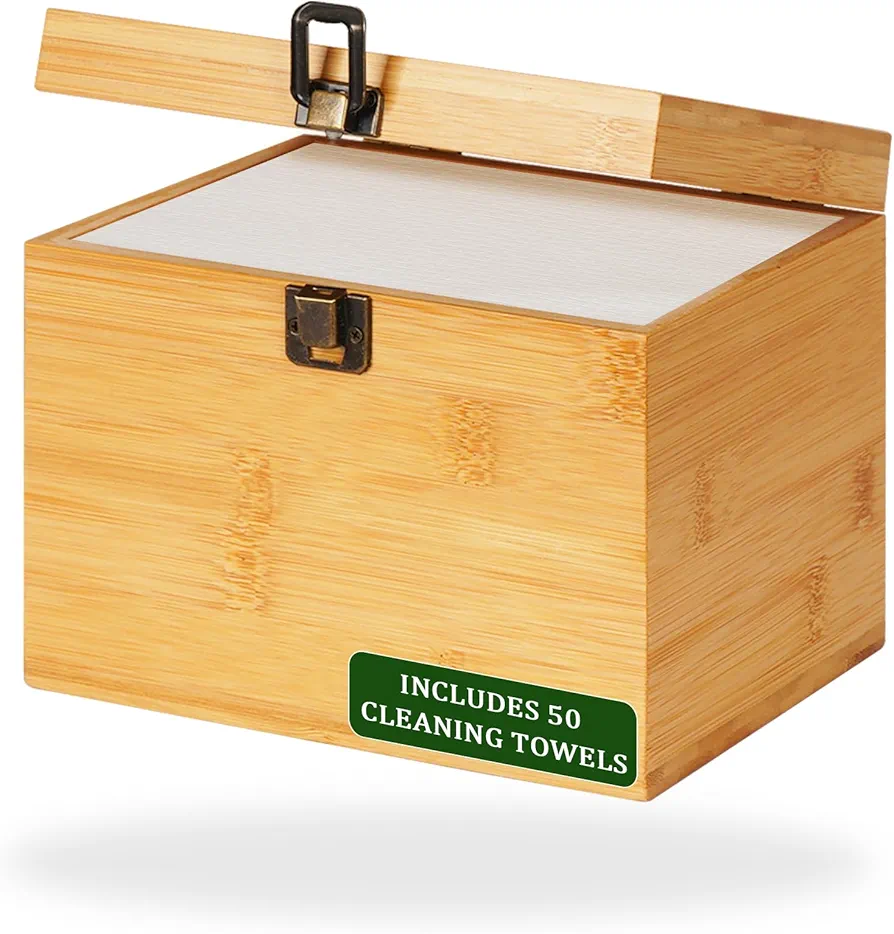 Bamboo Box with 50 Disposable Face Towels Bamboo Storage Containers Disposable Facial Tissues Cube Boxes Dry Wipes Face Cleaning for Skin Care (with Cover)